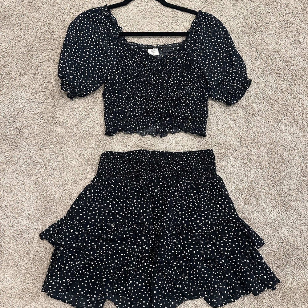 Black and white crop top and mini skirt set